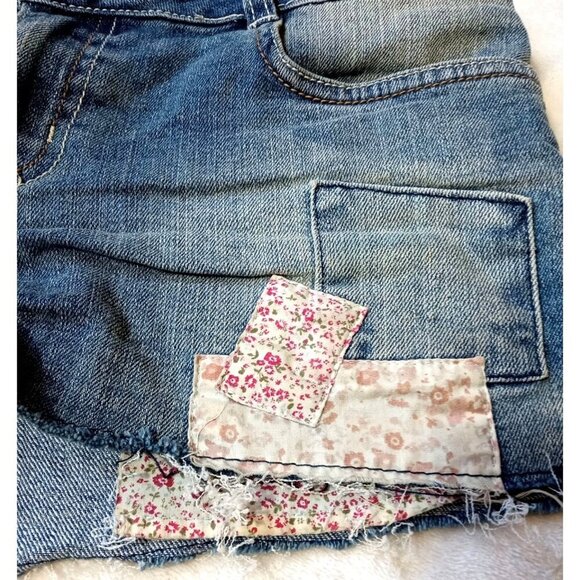 Lei Womens Ashley Jean Shorts Blue Stretch Patches Frayed Hem Low Rise Juniors 9 - Picture 6 of 14